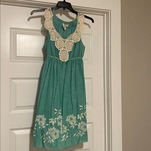 Sophie Max Green Blue Dress with Cream Accents